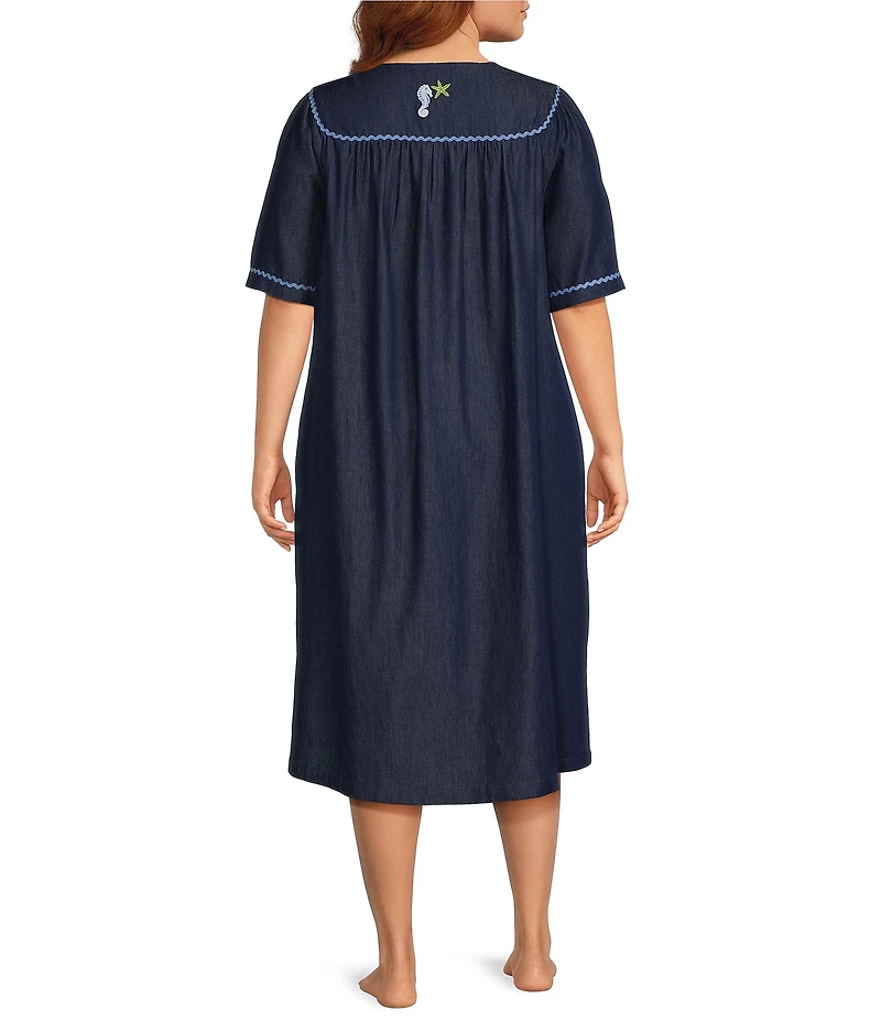 Go Softly Plus Size Embroidered Sea Life Short Sleeve Zip-Front Denim Patio Dress