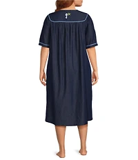 Go Softly Plus Size Embroidered Sea Life Short Sleeve Zip-Front Denim Patio Dress