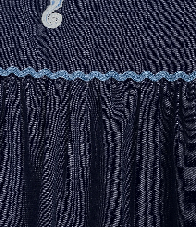 Go Softly Plus Size Embroidered Sea Life Short Sleeve Zip-Front Denim Patio Dress