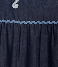 Go Softly Plus Size Embroidered Sea Life Short Sleeve Zip-Front Denim Patio Dress