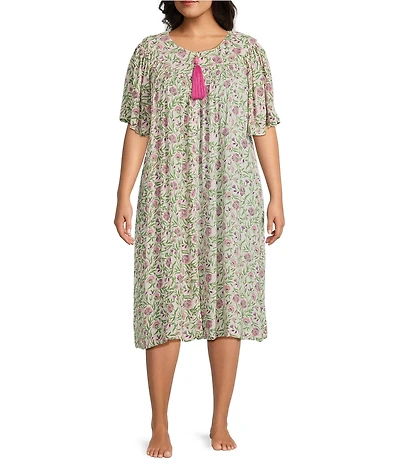 Go Softly Plus Size Floral Print Short Sleeve V-Neck Zip-Front Crinkle Patio Dress