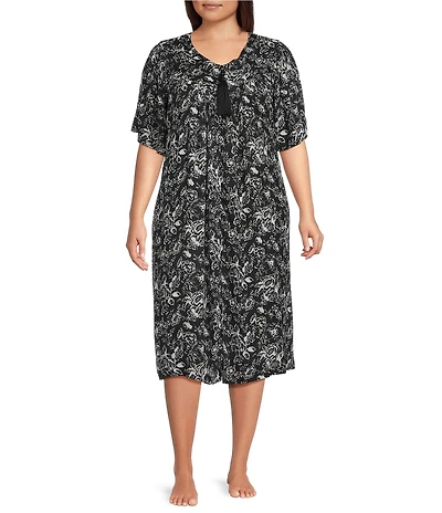 Go Softly Plus Size Floral Print Short Sleeve V-Neck Zip-Front Patio Dress