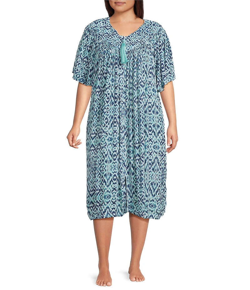Go Softly Plus Size Ikat Print V-Neck Short Sleeve Zip-Front Crinkle Patio Dress
