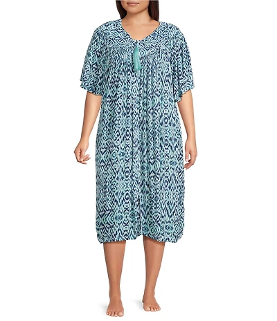 Go Softly Plus Size Ikat Print V-Neck Short Sleeve Zip-Front Crinkle Patio Dress