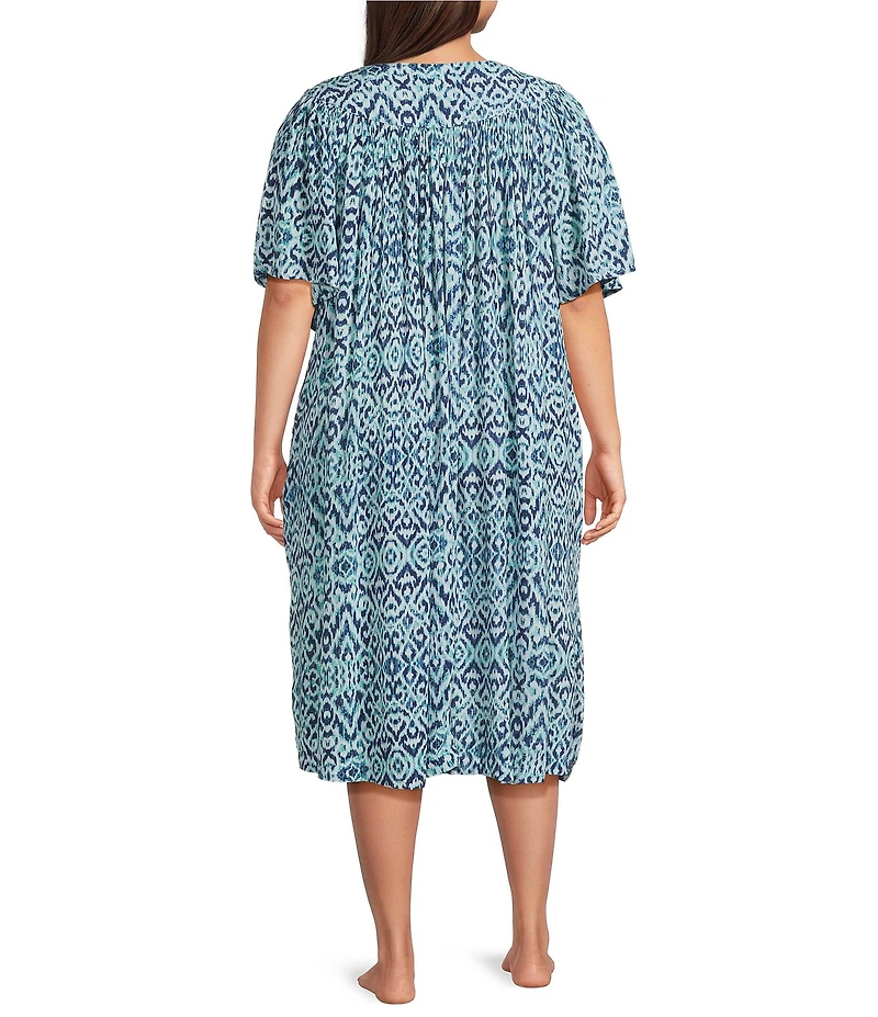 Go Softly Plus Size Ikat Print V-Neck Short Sleeve Zip-Front Crinkle Patio Dress