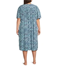 Go Softly Plus Size Ikat Print V-Neck Short Sleeve Zip-Front Crinkle Patio Dress