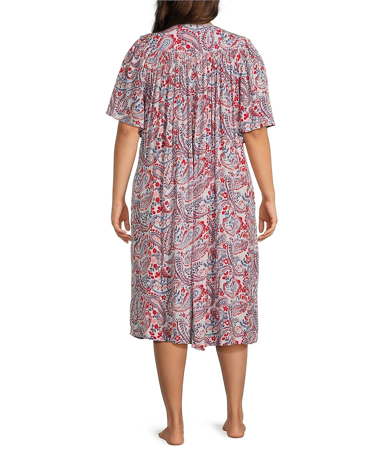 Go Softly Plus Size Paisley Short Sleeve V-Neck Zip-Front Crinkle Patio Dress