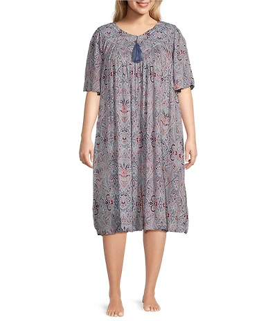 Go Softly Plus Size Paisley Short Sleeve V-Neck Zip-Front Crinkle Patio Dress