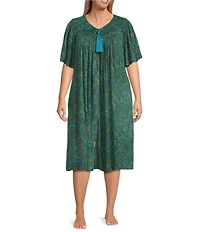 Go Softly Plus Size Paisley Short Sleeve V-Neck Zip-Front Crinkle Patio Dress