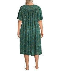 Go Softly Plus Size Paisley Short Sleeve V-Neck Zip-Front Crinkle Patio Dress