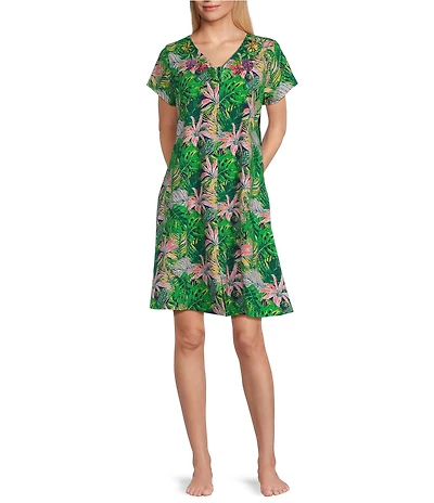 Go Softly Pretty Palms Print Short Sleeve V-Neck Zip-Front Knit Patio Dress