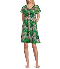 Go Softly Pretty Palms Print Short Sleeve V-Neck Zip-Front Knit Patio Dress