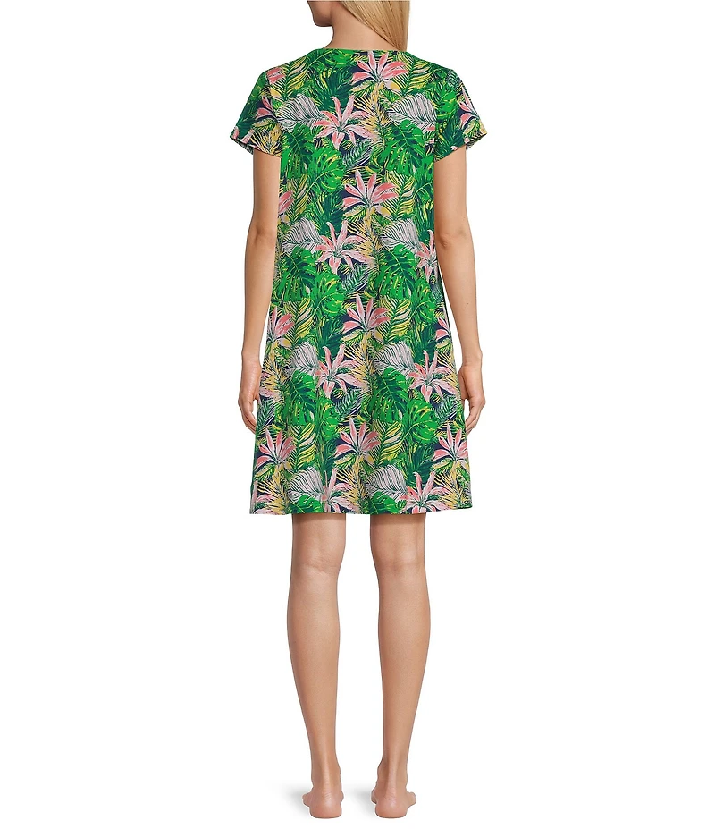 Go Softly Pretty Palms Print Short Sleeve V-Neck Zip-Front Knit Patio Dress