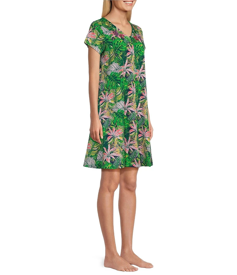 Go Softly Pretty Palms Print Short Sleeve V-Neck Zip-Front Knit Patio Dress