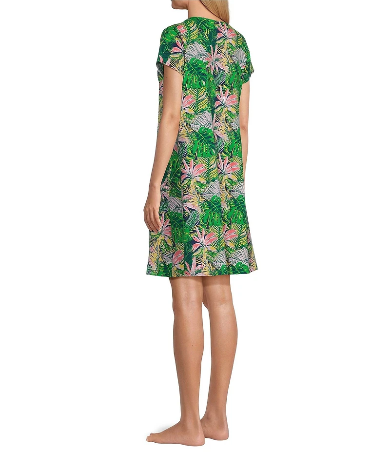 Go Softly Pretty Palms Print Short Sleeve V-Neck Zip-Front Knit Patio Dress