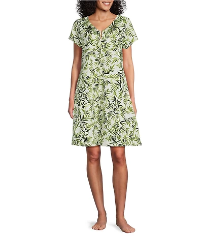Go Softly Short Sleeve V-Neck Zip-Front Knit Leaf Print Patio Dress