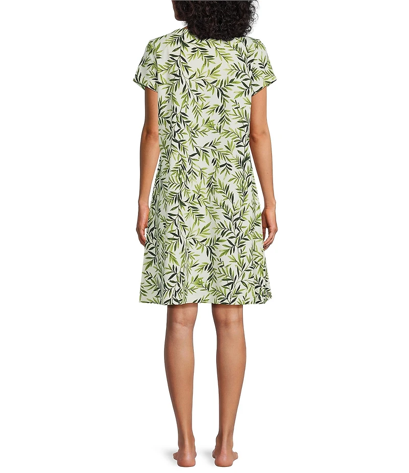 Go Softly Short Sleeve V-Neck Zip-Front Knit Leaf Print Patio Dress