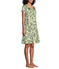 Go Softly Short Sleeve V-Neck Zip-Front Knit Leaf Print Patio Dress
