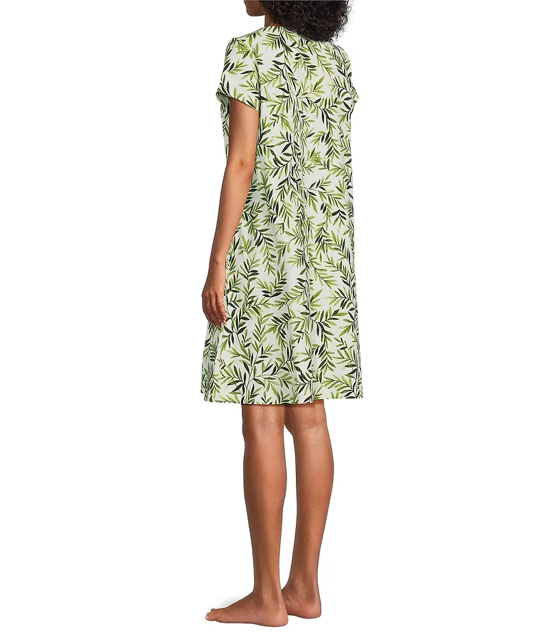 Go Softly Short Sleeve V-Neck Zip-Front Knit Leaf Print Patio Dress