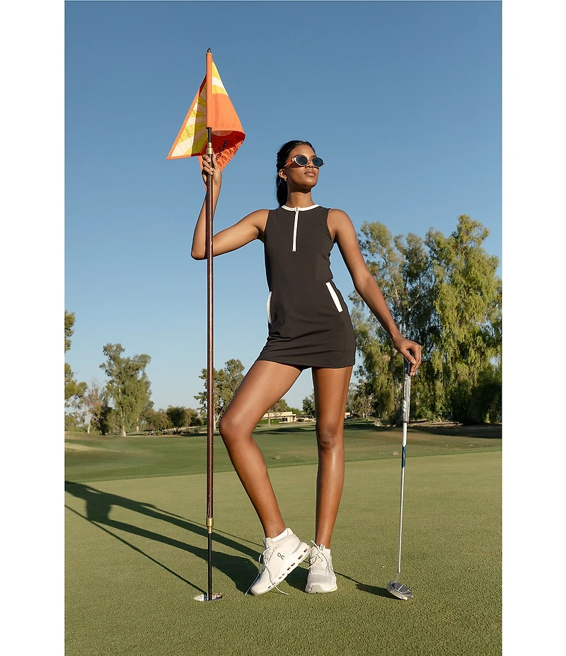 GOLD HINGE Half-Zip Crew Neck Sleeveless Pocket Dress