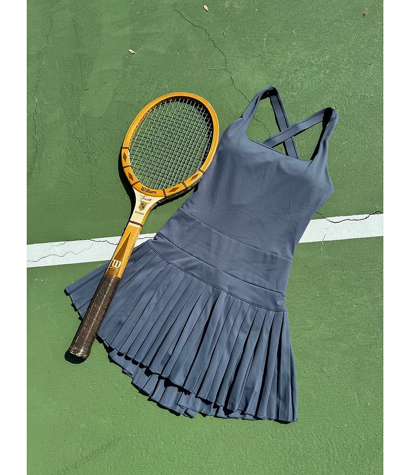 GOLD HINGE Scoop Neck Sleeveless Criss-Cross Back Pleated Tennis Dress