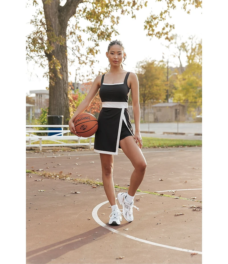 GOLD HINGE Square Neck Sleeveless Black White Lined Active Dress