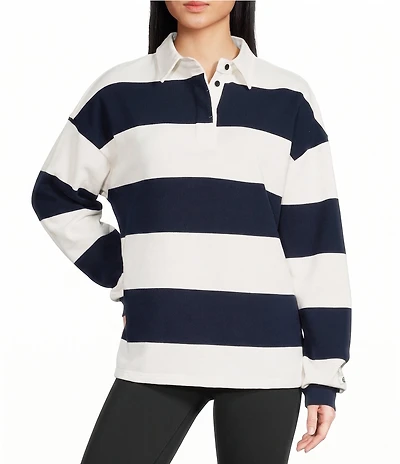 GOLD HINGE Striped Rugby Collared Neck Long Sleeve Top
