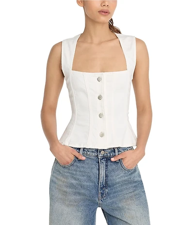 Good American Button Front Square Neck Sleeveless Peplum Denim Top