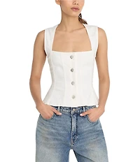Good American Button Front Square Neck Sleeveless Peplum Denim Top