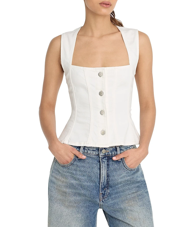 Good American Button Front Square Neck Sleeveless Peplum Denim Top