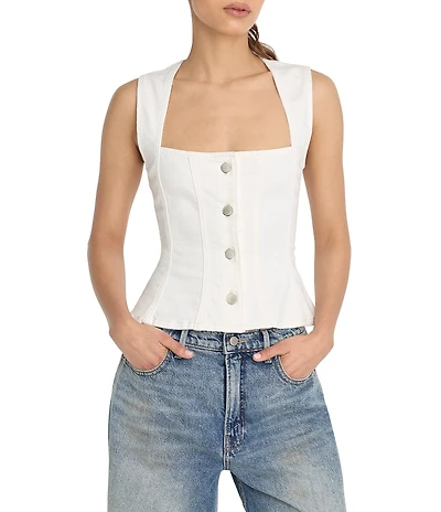Good American Button Front Square Neck Sleeveless Peplum Denim Top