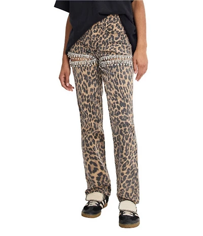 Good American Good Icon Leopard Print Mid Rise Straight Leg Diamond Cutout Jeans