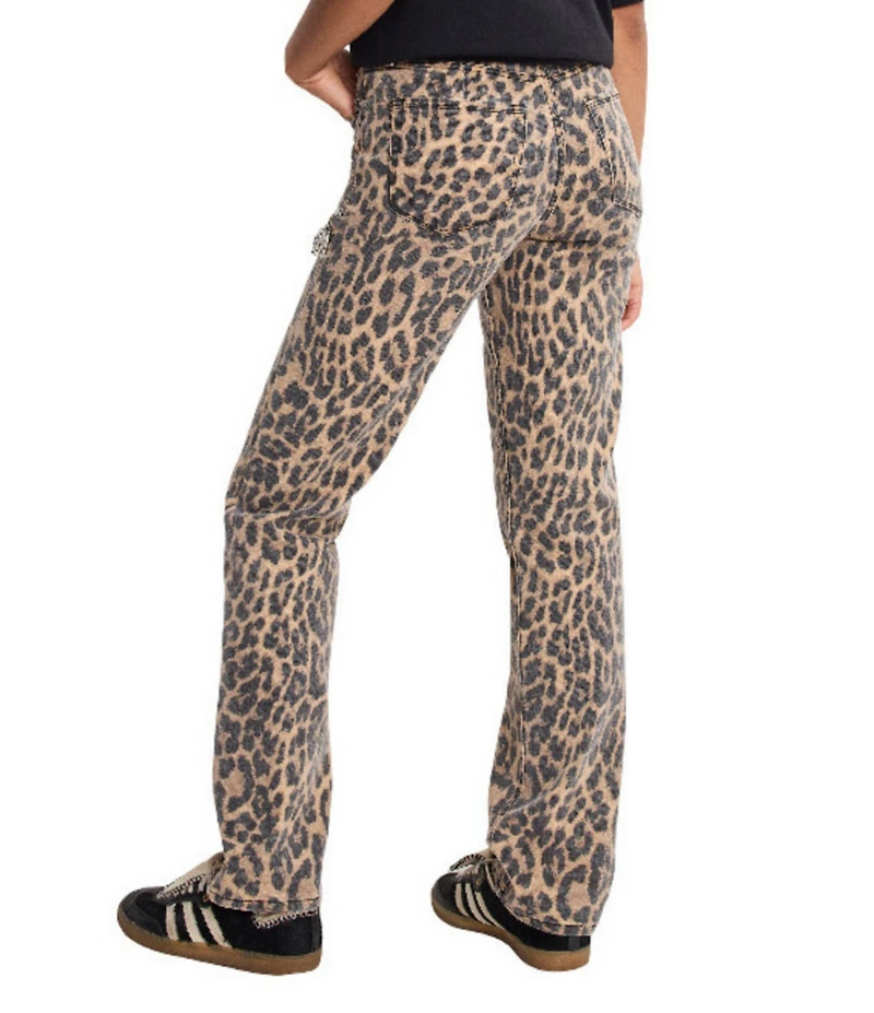 Good American Good Icon Leopard Print Mid Rise Straight Leg Diamond Cutout Jeans