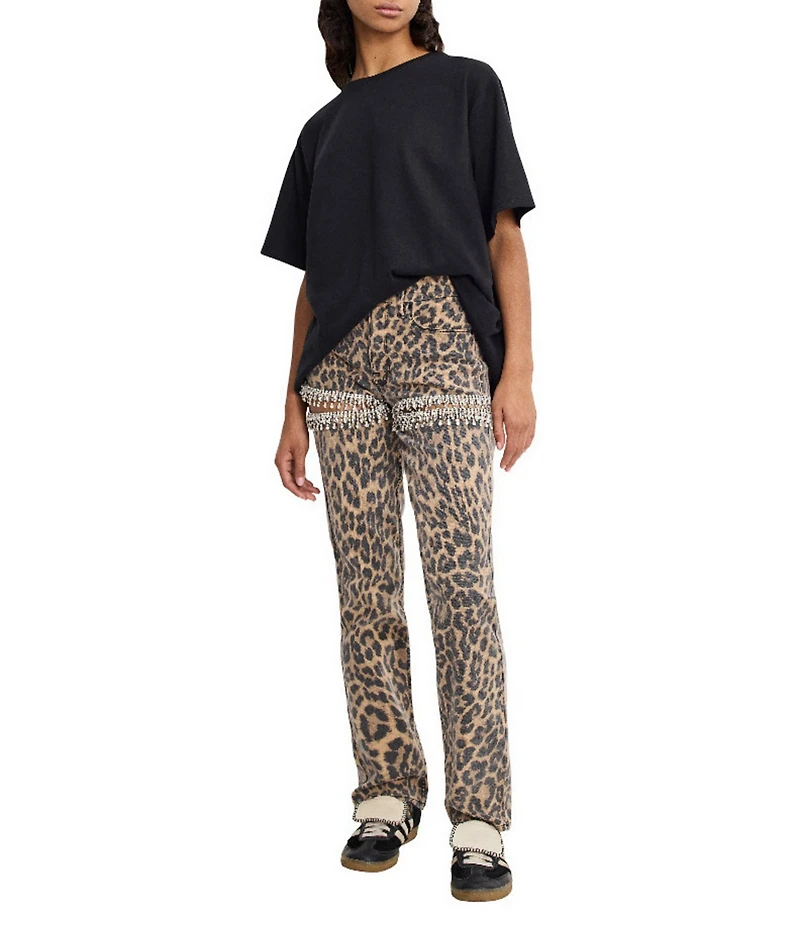 Good American Good Icon Leopard Print Mid Rise Straight Leg Diamond Cutout Jeans