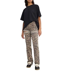 Good American Good Icon Leopard Print Mid Rise Straight Leg Diamond Cutout Jeans