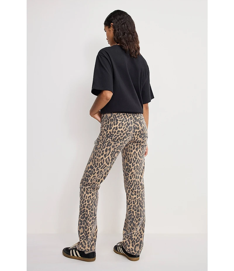 Good American Good Icon Leopard Print Mid Rise Straight Leg Diamond Cutout Jeans