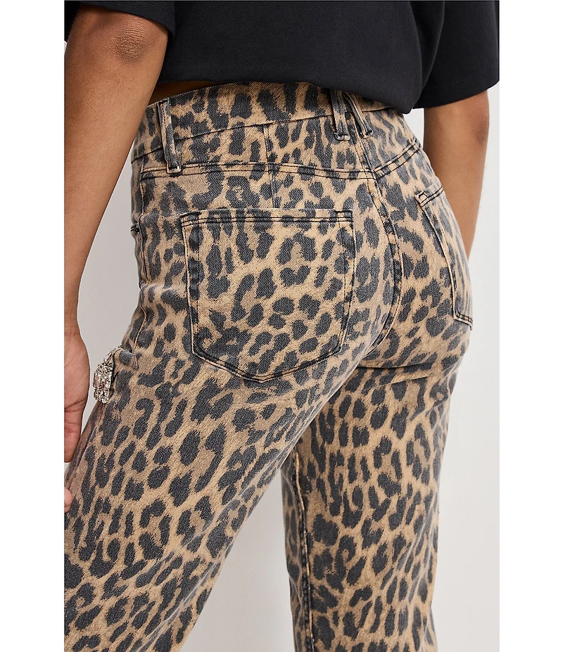 Good American Good Icon Leopard Print Mid Rise Straight Leg Diamond Cutout Jeans