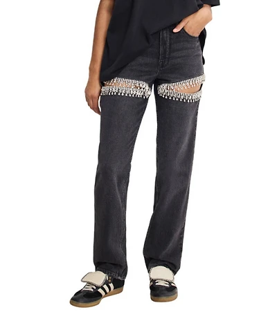 Good American Good Icon Mid Rise Straight Leg Diamond Cutout Jeans