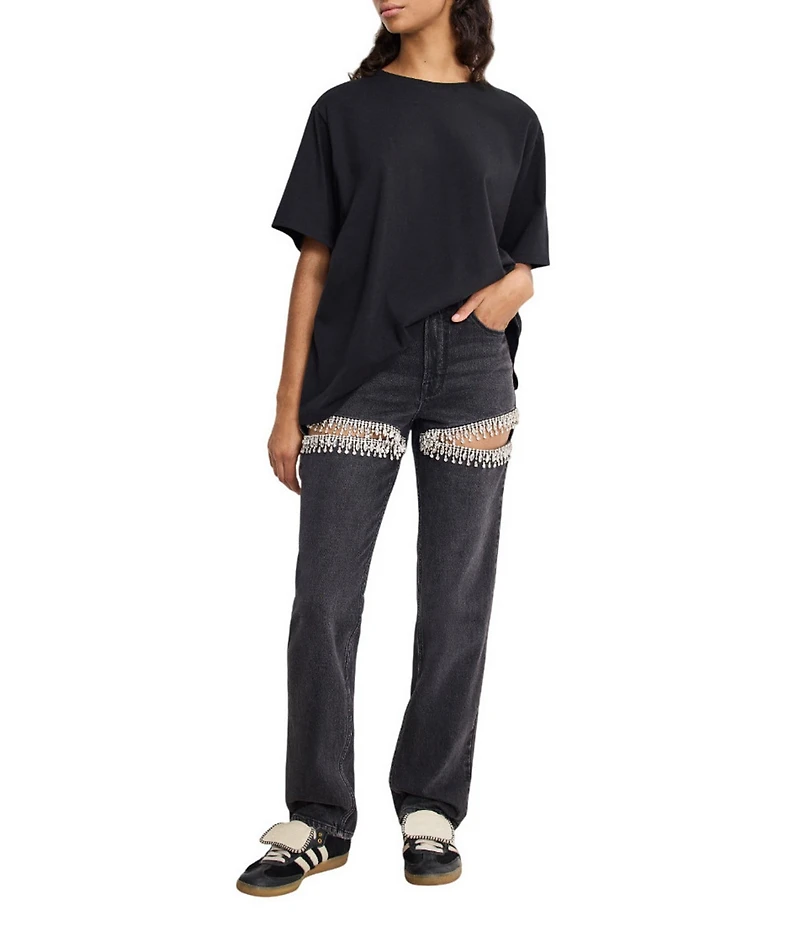 Good American Good Icon Mid Rise Straight Leg Diamond Cutout Jeans