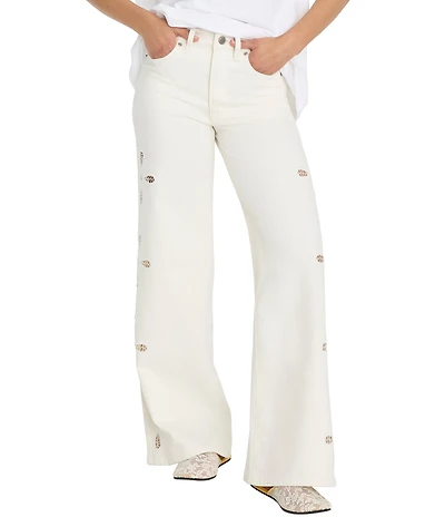 Good American Good Waist High-Rise Palazzo Ankle Eyelet Denim Jeans