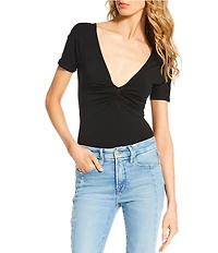 Good American Jersey Knit Twst Front V-Neck Short Sleeve Bodysuit