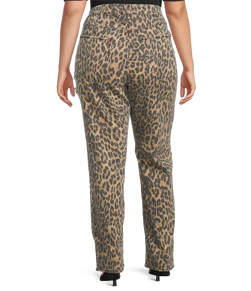 Good American Plus Good Icon Leopard Print Mid Rise Straight Leg Diamond Cutout Jeans