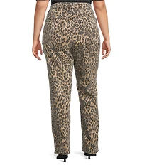 Good American Plus Good Icon Leopard Print Mid Rise Straight Leg Diamond Cutout Jeans
