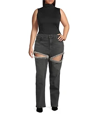 Good American Plus Good Icon Mid Rise Straight Leg Diamond Cutout Jeans