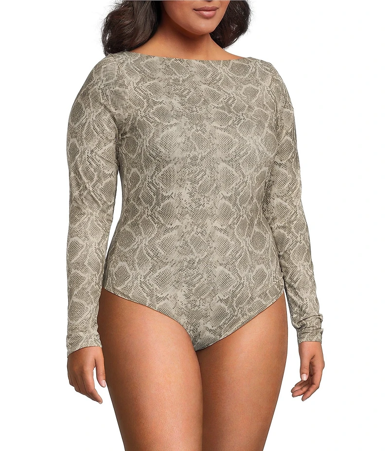 Good American Plus Size Mesh Boatneck Long Sleeve Bodysuit