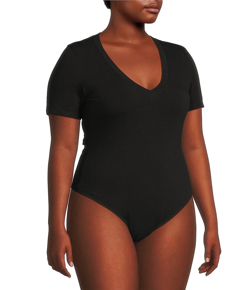 Good American Plus Size Super Stretch Deep V-Neck Short Sleeve Bodysuit