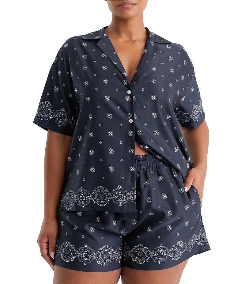 Good American Plus Size The Camp Bandana Print Notch Collar Short Sleeve Button Front Shirt