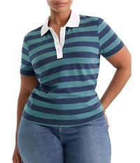 Good American Plus Size The Easy Striped Collared Neck Short Sleeve Polo Tee