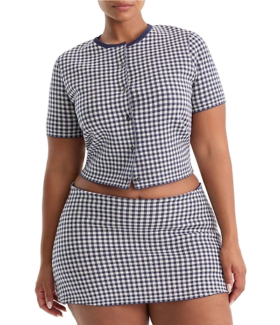 Good American Plus Size The Keepsake Gingham Print Crew Neck Short Sleeve Coordinating Knit Cardigan Top