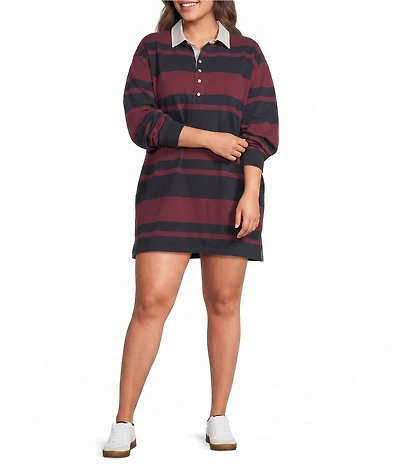 Good American Plus Size The Rugby Stripe Collared Long Sleeve Mini Shirt Dress